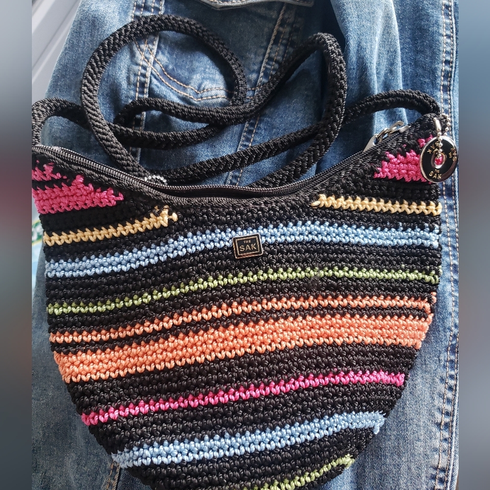 The Sak Mini Catalina Crochet Crossbody Purse Bag Black Color Stripes